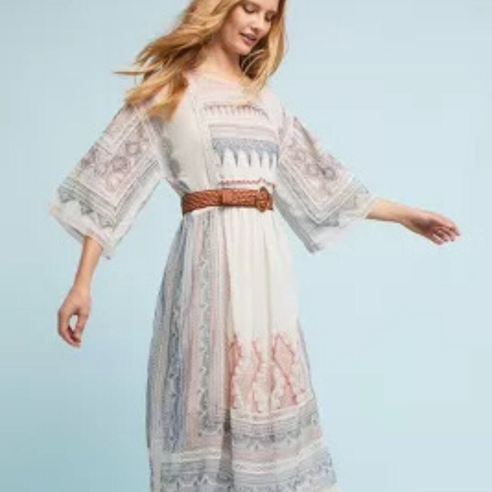 NWT Maeve Anthropologi Midi Dress SzXs Boho Embroidered Peasant Bell Sleeve